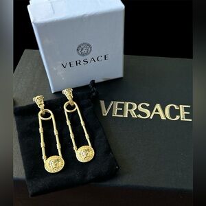 Versace Gold Medusa Drop Safety Pin Earrings! NIB!